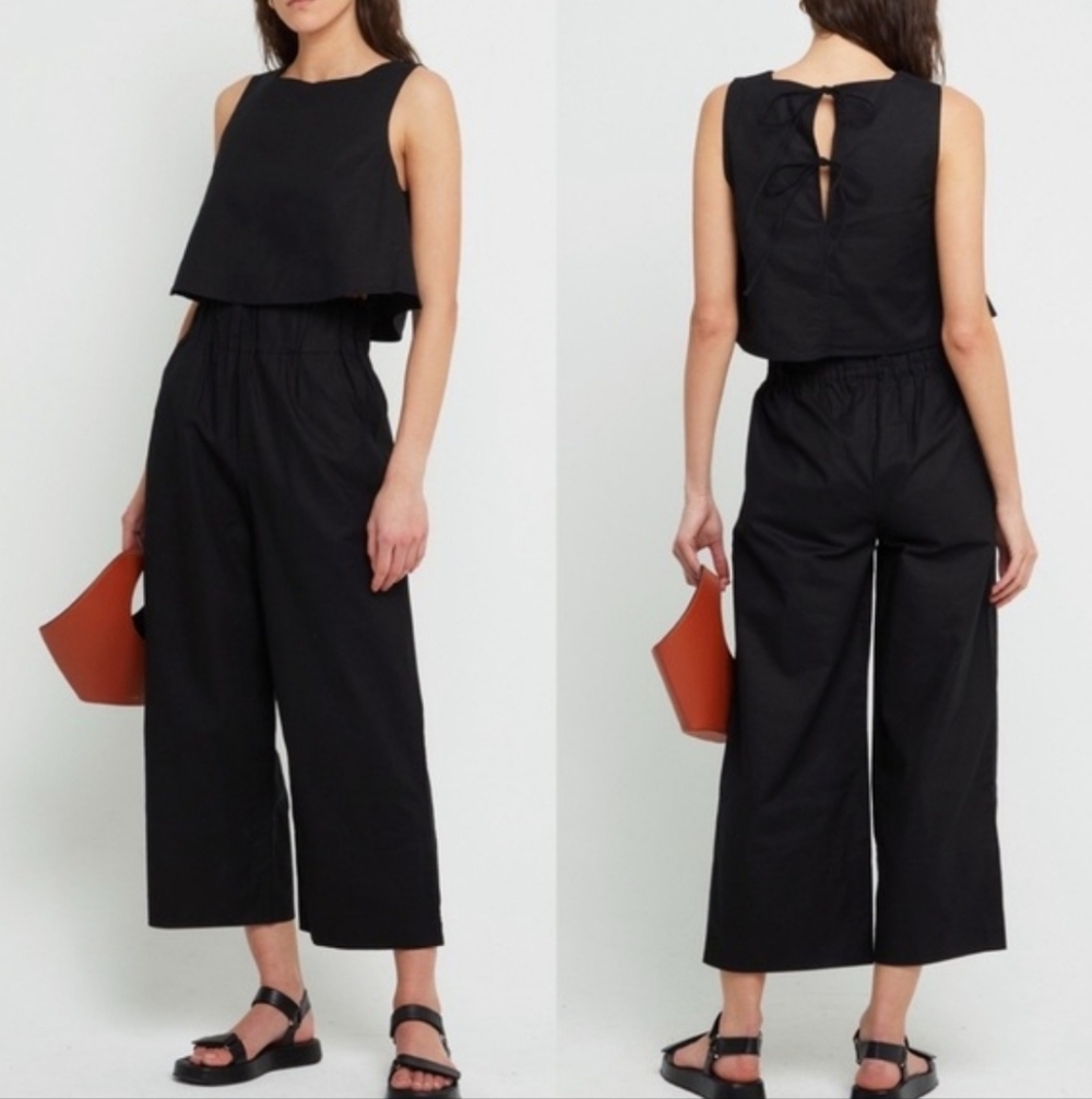NWOT Black Linen High Rise Wide Leg Pants Boho Beachy Elastic Waist Crop Pull On